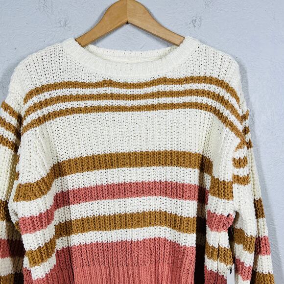 NEW! Rip Curl Crop Cozy Sweater Stripe Long Sleeve Casual Knit Pink Cream - XS - Picture 2 of 6